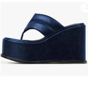 YDN Dark Blue Platform Mules Open Toe Slip On Sandals Wide Strap Flip Flop Shoes